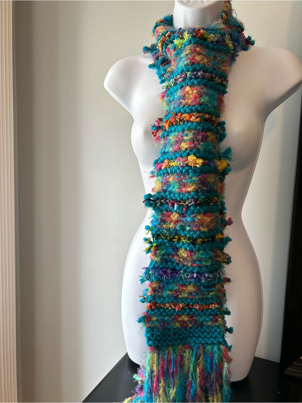 Handcrafted Multicolor Textured Knit Scarf - Teal Multicolor - Picture 2 of 2